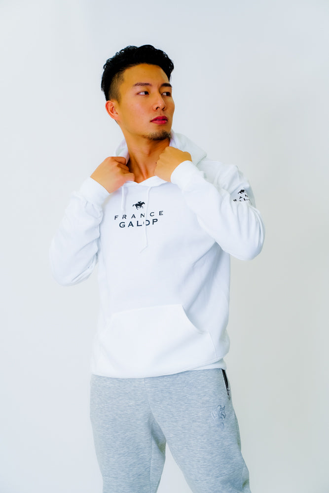 【France Galop】フランスギャロ公式 ジョッキー プルパーカー 白(SWEAT Pullover Hoodie White/Black)
