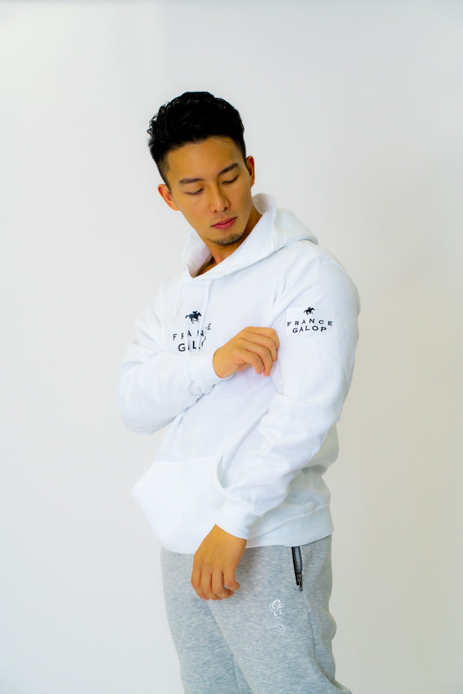 【France Galop】フランスギャロ公式 ジョッキー プルパーカー 白(SWEAT Pullover Hoodie White/Black)