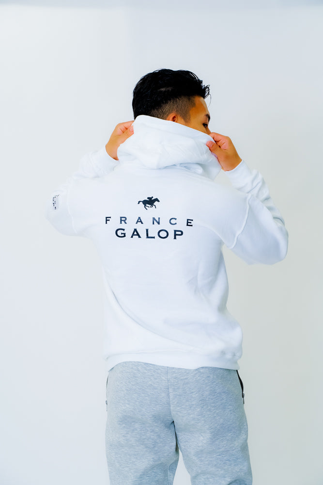 【France Galop】フランスギャロ公式 ジョッキー プルパーカー 白(SWEAT Pullover Hoodie White/Black)