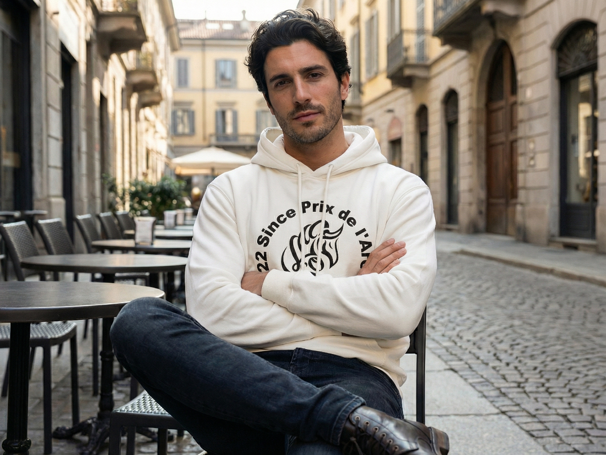 NEW【CAVALEIROS.】プリンティング フード付き裏起毛パーカー White