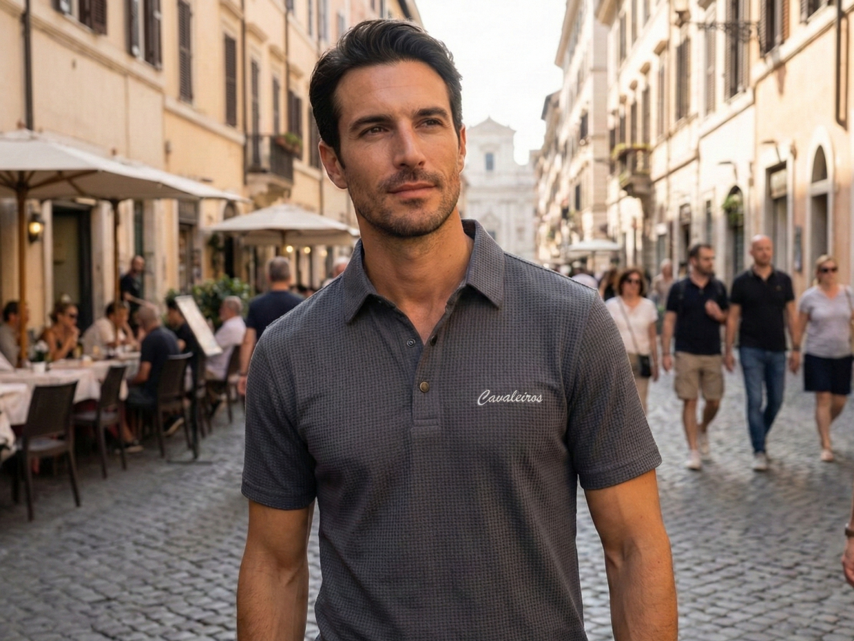 NEW【CAVALEIROS.】ドライタッチ・ジャカード スクリプトポロ NavyGray